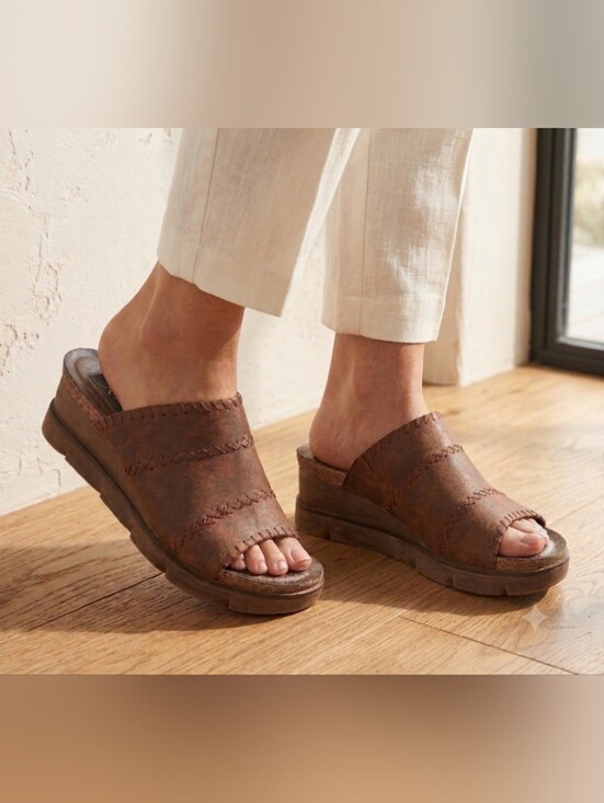 Natural Reflections Shoes - Natural Reflections Lisle Comfort Slip-On Wedge Sandals in Brown/Cognac US 8